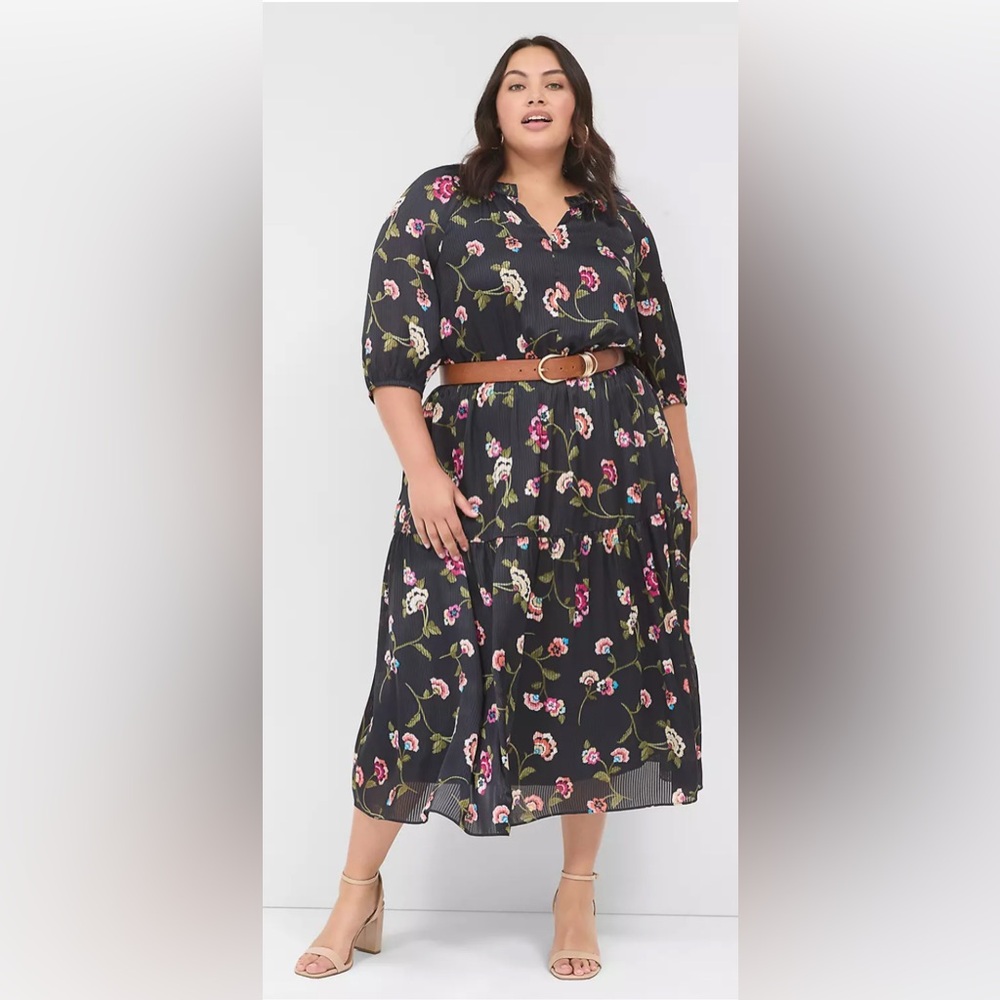 Satin 3/4-Sleeve Shirred-Neck Midi Dress, Size 24, color: Navy Floral; NO BELT!